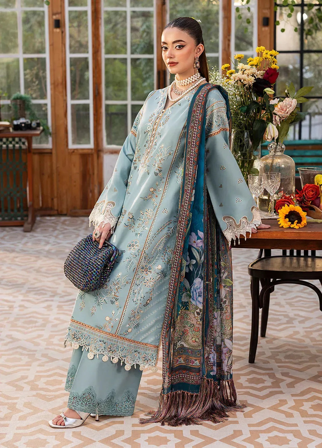 SAPPHIRE-3PC LAWN EMBROIDERED SHIRT WITH CHIFFON PRINTED DUPATTA AND TROUSER-RP-4694 - Rang Pasand