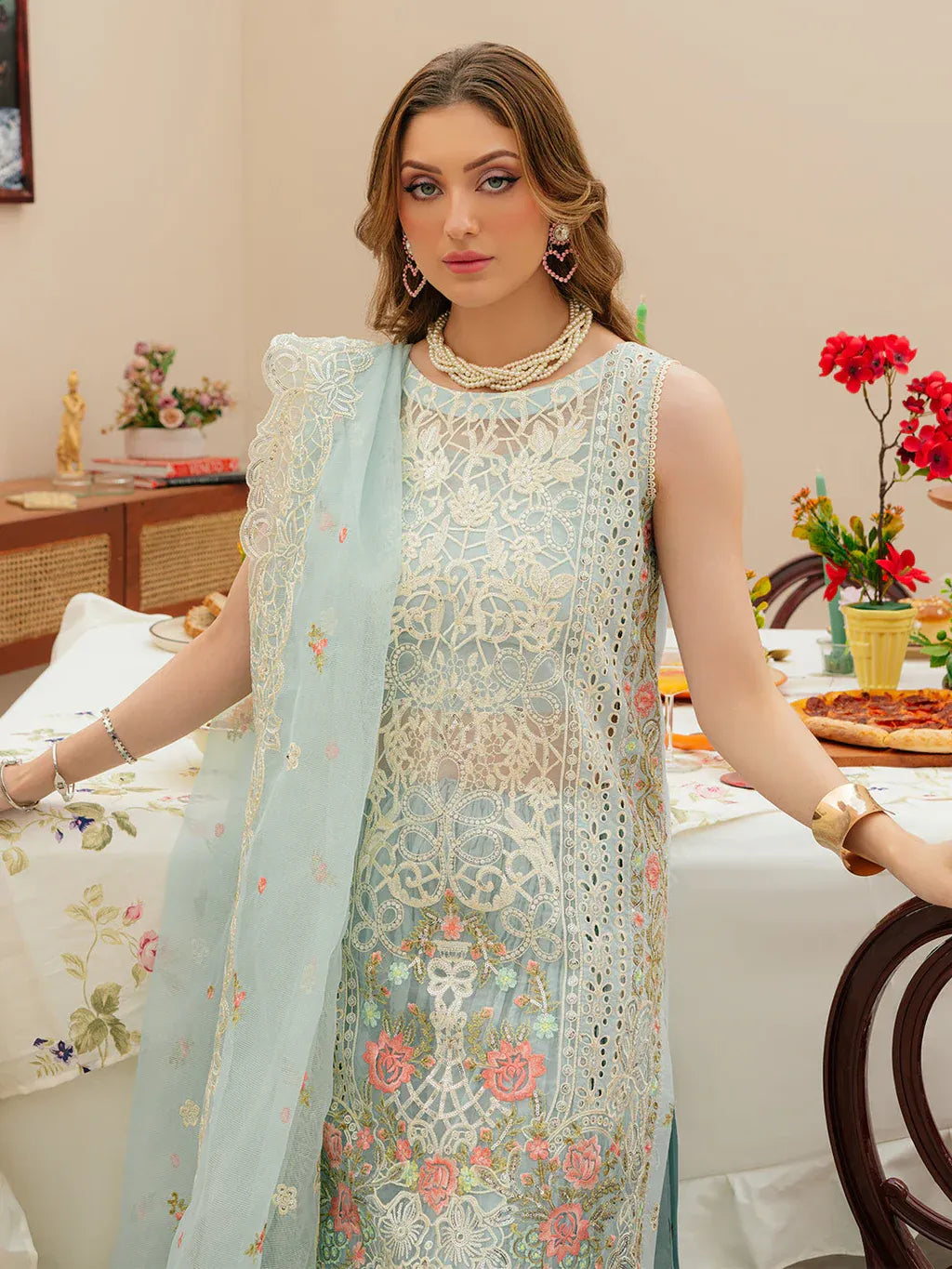MAHNUR-3PC LAWN CHIKANKAARI EMBROIDERED SHIRT WITH KHAADI NET EMBROIDERED DUPATTA AND TROUSER -RP-4749