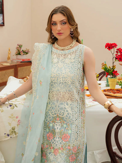 MAHNUR-3PC LAWN CHIKANKAARI EMBROIDERED SHIRT WITH KHAADI NET EMBROIDERED DUPATTA AND TROUSER -RP-4749