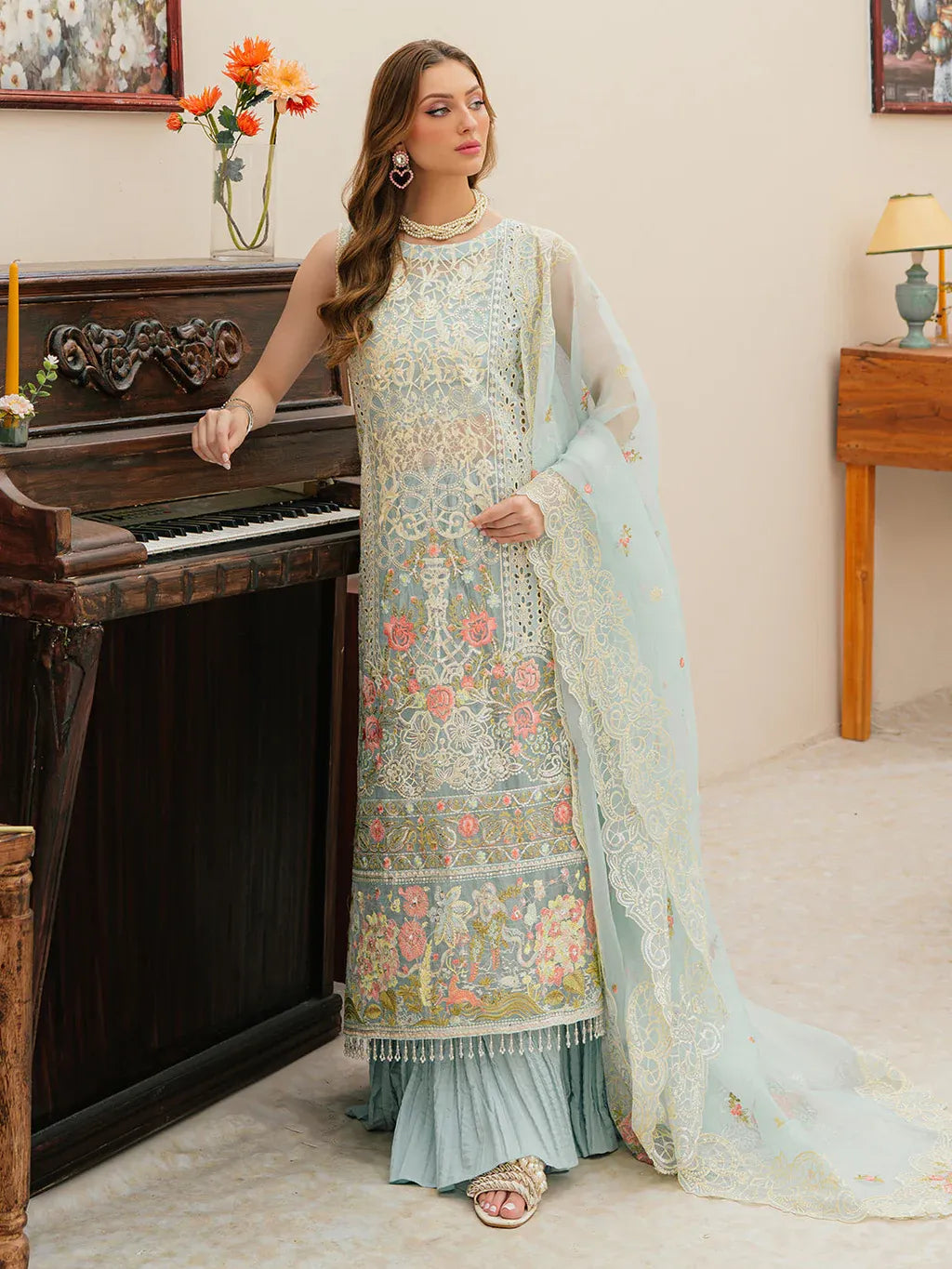 MAHNUR-3PC LAWN CHIKANKAARI EMBROIDERED SHIRT WITH KHAADI NET EMBROIDERED DUPATTA AND TROUSER -RP-4749