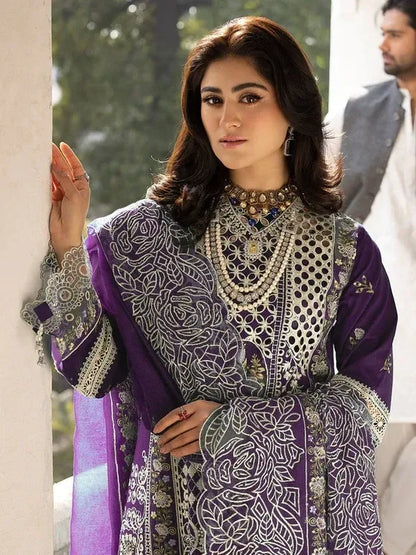 MAHNUR-3PC LAWN EMBROIDERED SHIRT WITH KHADDI NET EMBROIDERED DUPATTA AND TROUSER-RP-4609 (PLUM) - Rang Pasand