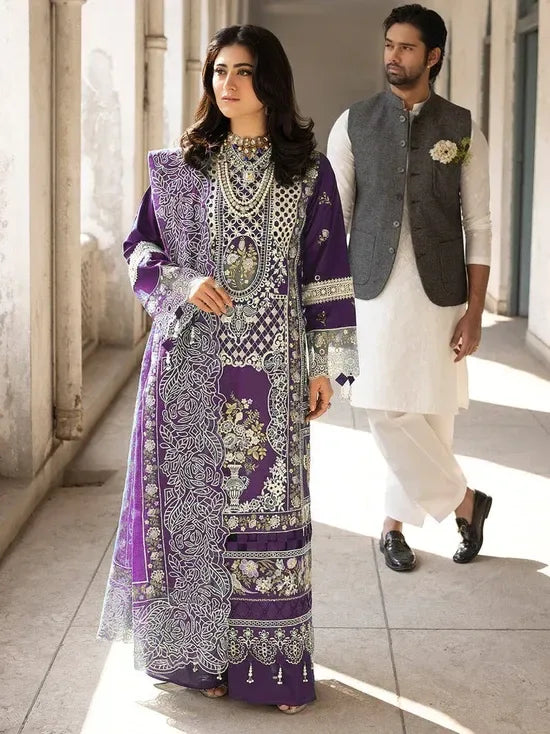 MAHNUR-3PC LAWN EMBROIDERED SHIRT WITH KHADDI NET EMBROIDERED DUPATTA AND TROUSER-RP-4609 (PLUM) - Rang Pasand