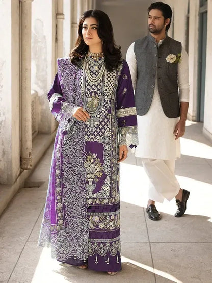 MAHNUR-3PC LAWN EMBROIDERED SHIRT WITH KHADDI NET EMBROIDERED DUPATTA AND TROUSER-RP-4609 (PLUM) - Rang Pasand