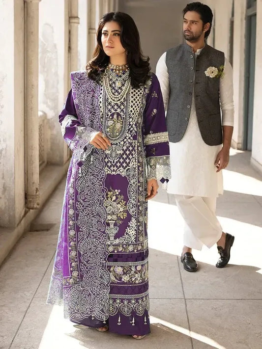 MAHNUR-3PC LAWN EMBROIDERED SHIRT WITH KHADDI NET EMBROIDERED DUPATTA AND TROUSER-RP-4609 (PLUM) - Rang Pasand