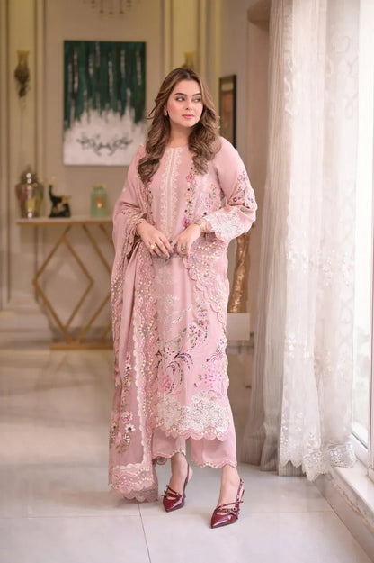 ANEELAS-3PC LAWN CHIKAN EMBROIDERED SHIRT WITH LAWN EMB DUPATTA AND TROUSER-RP-4667 - Rang Pasand