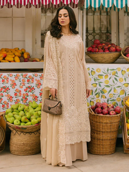 MAHNUR-3PC LAWN CHIKAANKARI EMBROIDERED SHIRT WITH KHADDI NET EMB DUPATTA AND TROUSER -RP-4703 - Rang Pasand