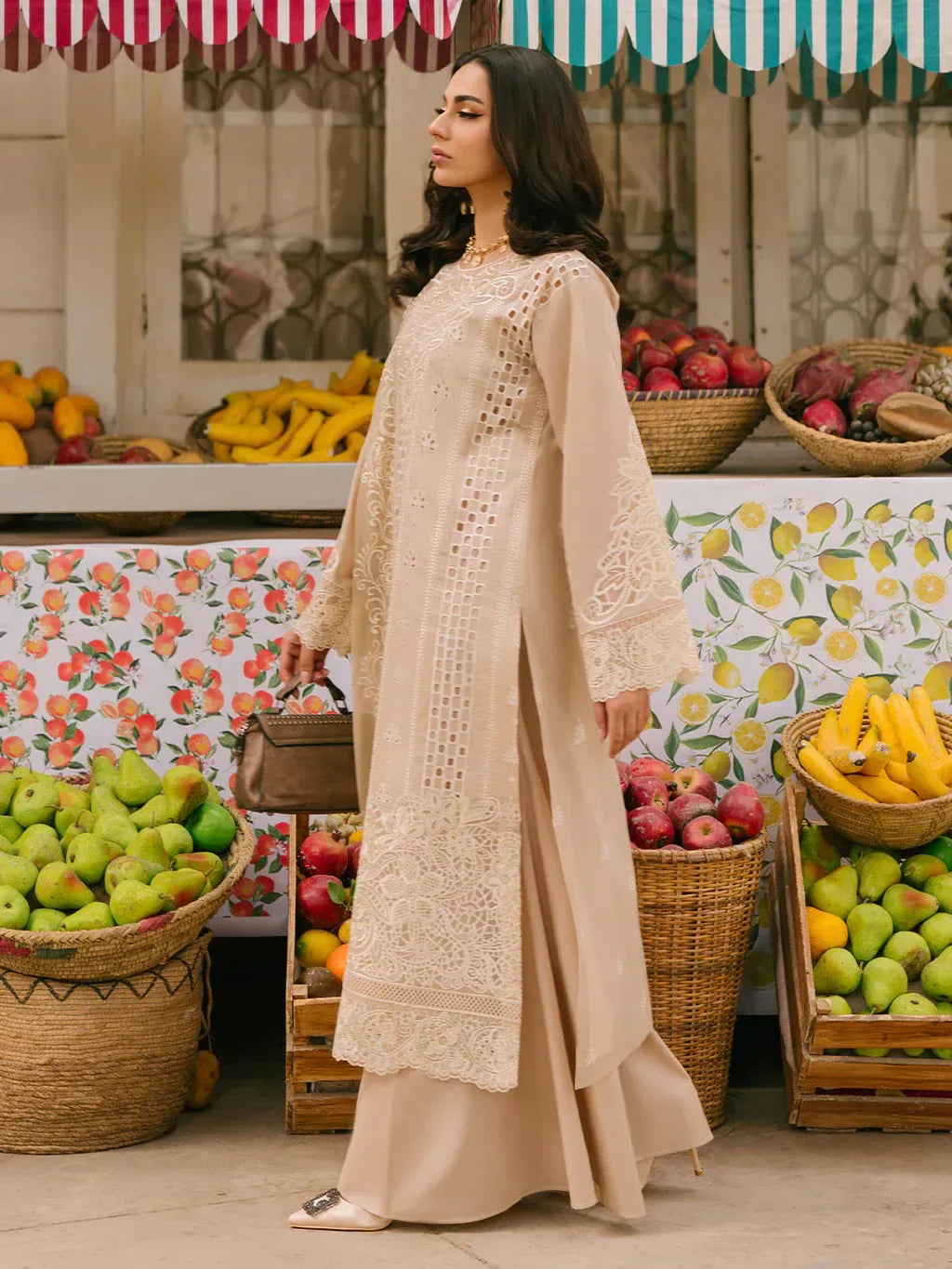 MAHNUR-3PC LAWN CHIKAANKARI EMBROIDERED SHIRT WITH KHADDI NET EMB DUPATTA AND TROUSER -RP-4703 - Rang Pasand