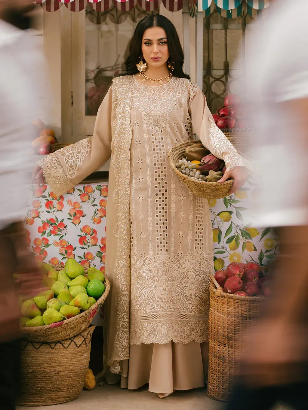 MAHNUR-3PC LAWN CHIKAANKARI EMBROIDERED SHIRT WITH KHADDI NET EMB DUPATTA AND TROUSER -RP-4703 - Rang Pasand