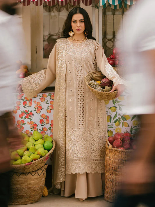 MAHNUR-3PC LAWN CHIKAANKARI EMBROIDERED SHIRT WITH KHADDI NET EMB DUPATTA AND TROUSER -RP-4703 - Rang Pasand