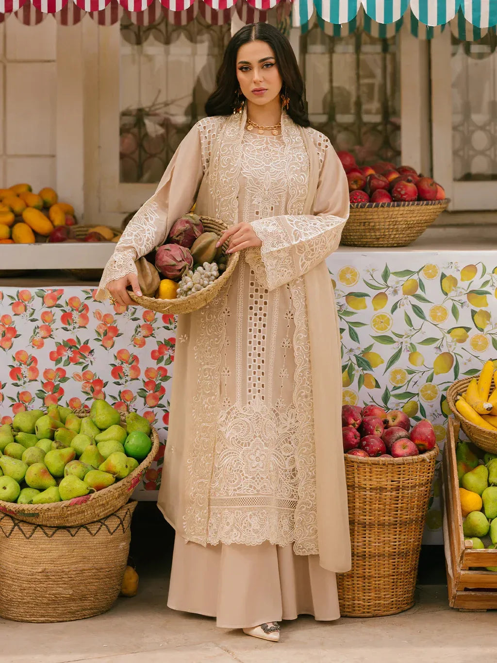 MAHNUR-3PC LAWN CHIKAANKARI EMBROIDERED SHIRT WITH KHADDI NET EMB DUPATTA AND TROUSER -RP-4703 - Rang Pasand