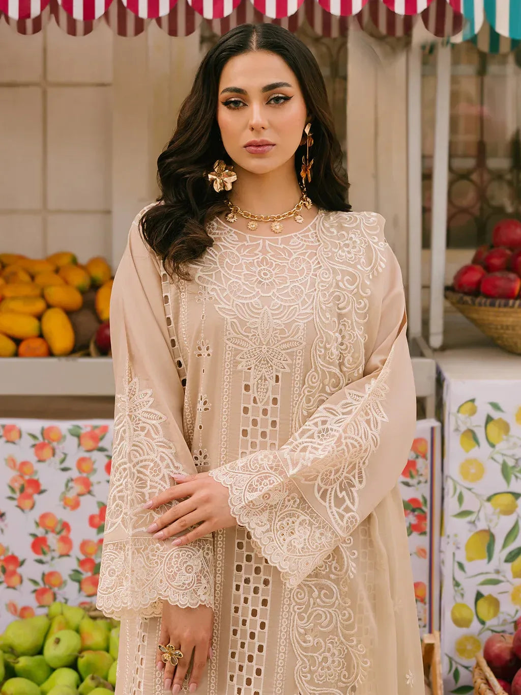 MAHNUR-3PC LAWN CHIKAANKARI EMBROIDERED SHIRT WITH KHADDI NET EMB DUPATTA AND TROUSER -RP-4703 - Rang Pasand