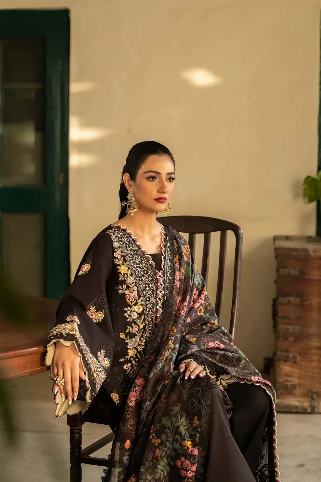 HUSSAIN REHAR-3PC LAWN EMBROIDERED SHIRT WITH CHIFFON PRINTED DUPATTA AND TROUSER-RP-4702 - Rang Pasand