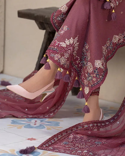 JADE-3PC LAWN SEQUENCE EMBROIDERED SHIRT WITH CHIFFON EMBROIDERED DUPATTA AND TROUSER-RP-4619 - Rang Pasand