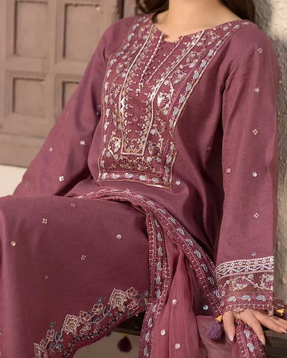 JADE-3PC LAWN SEQUENCE EMBROIDERED SHIRT WITH CHIFFON EMBROIDERED DUPATTA AND TROUSER-RP-4619 - Rang Pasand