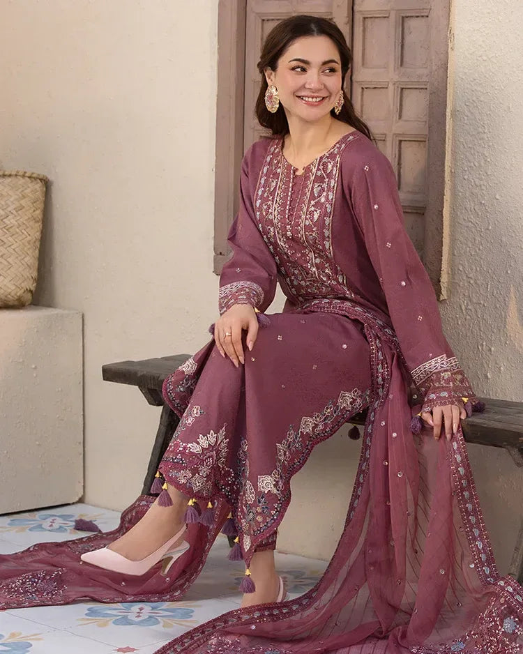 JADE-3PC LAWN SEQUENCE EMBROIDERED SHIRT WITH CHIFFON EMBROIDERED DUPATTA AND TROUSER-RP-4619 - Rang Pasand