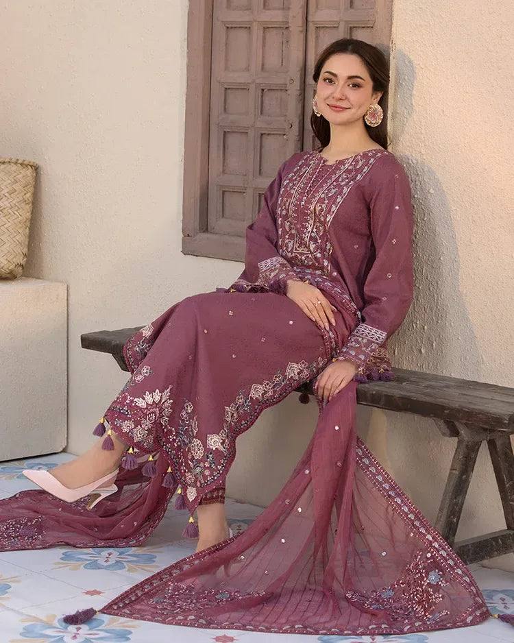 JADE-3PC LAWN SEQUENCE EMBROIDERED SHIRT WITH CHIFFON EMBROIDERED DUPATTA AND TROUSER-RP-4619 - Rang Pasand