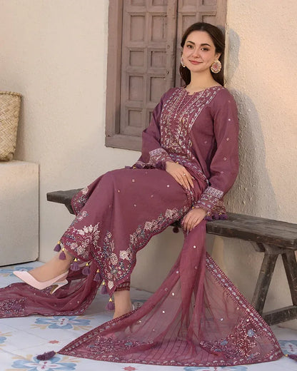 JADE-3PC LAWN SEQUENCE EMBROIDERED SHIRT WITH CHIFFON EMBROIDERED DUPATTA AND TROUSER-RP-4619 - Rang Pasand